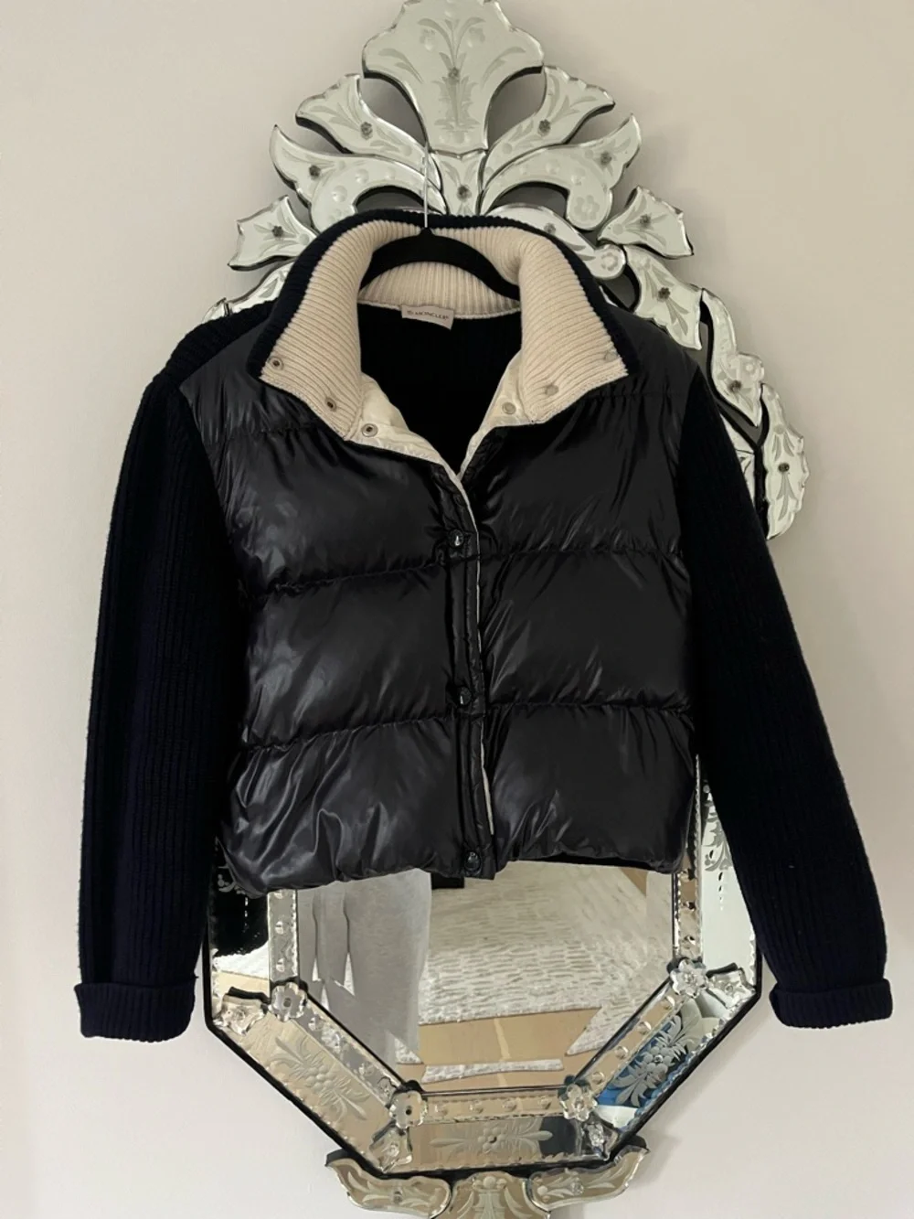 Moncler Navy Blur Puffer Jacket with Cream Rib Collar and Knit Sleeves - Picture 2 of 10